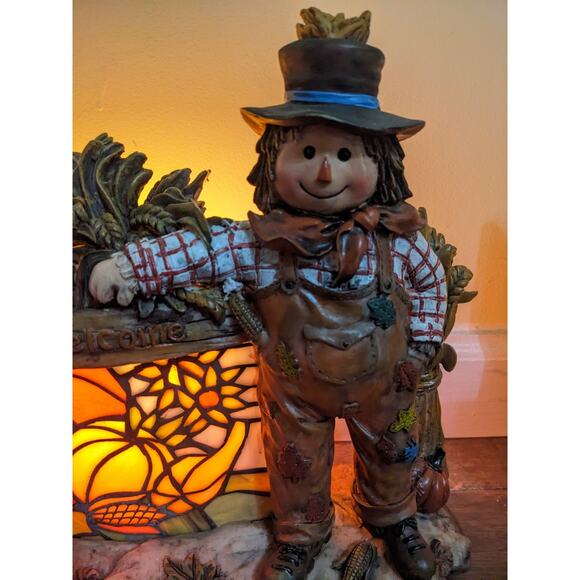 Stained Glass Lamp Light Harvest Welcome Scarecrow Autumn Fall Home Decor Vtg - Picture 8 of 9